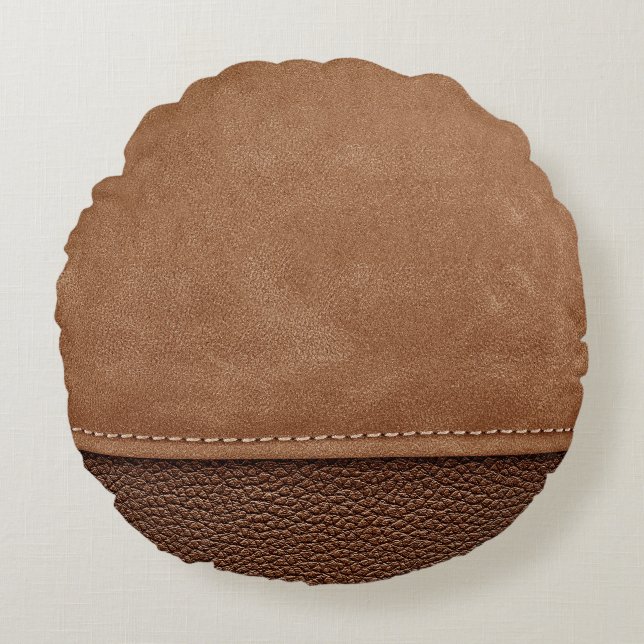 Stitched leather: gray, black background. round pillow (Front)