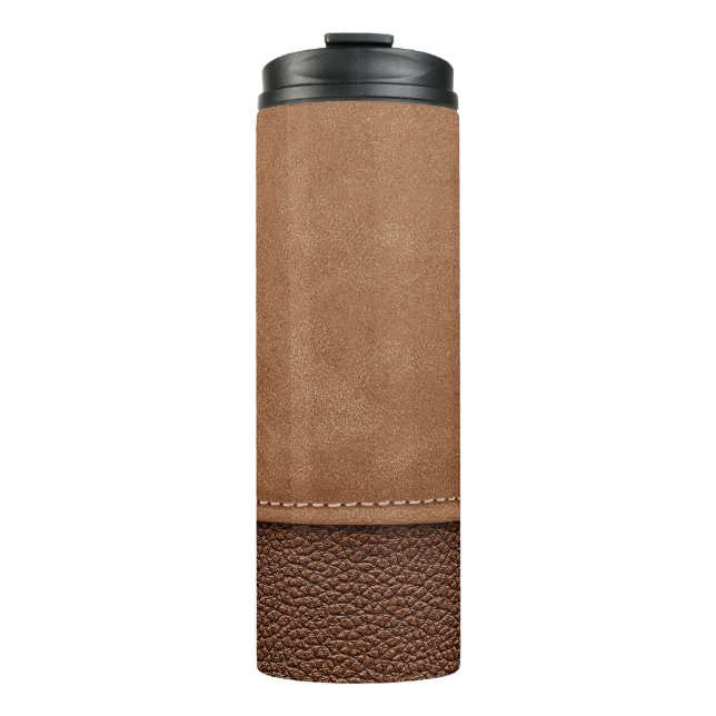 Stitched leather: gray, black background. thermal tumbler (Front)
