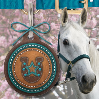 Stitched Leather Horseshoe Horse Halter Bridle Pet ID Tag