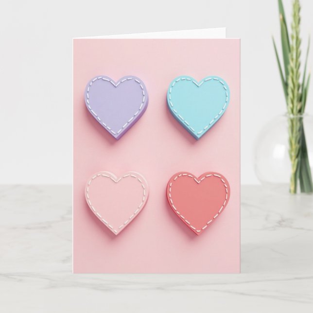 Stitched Pastel Hearts Love Card (Front)