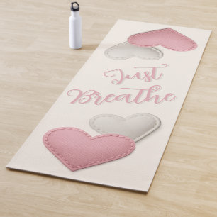 Stitched Pink & Ivory Hearts "Just Breathe" Yoga Mat