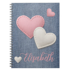 Stitched Pink & White Hearts your Name on Denim Notebook
