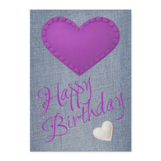 Stitched Purple and White Hearts on Denim Birthday Holiday Card