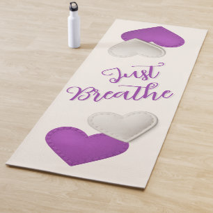 Stitched Purple / Ivory Hearts "Just Breath" Yoga Mat