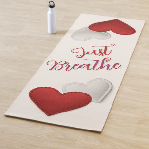Stitched Red and Ivory Hearts "Just Breathe" Yoga Mat