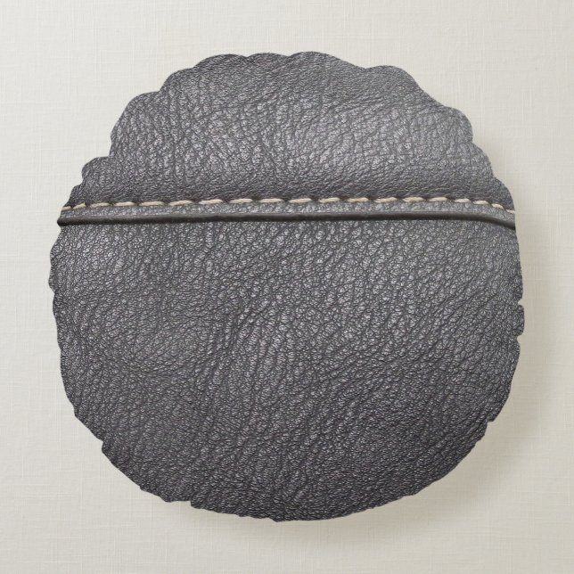 Stitched Sophistication: Black Leather Luxury Round Pillow (Front)