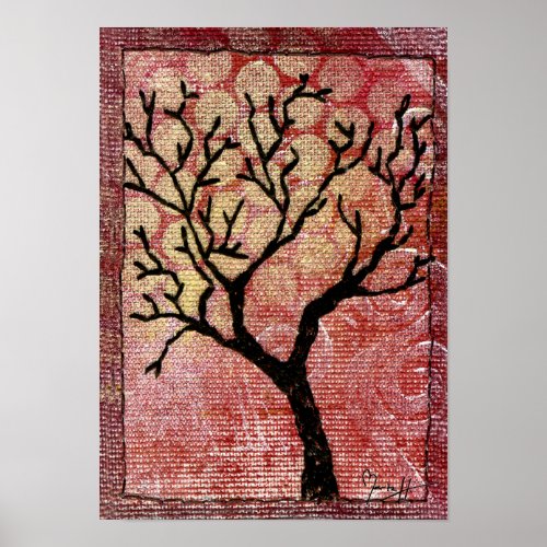 Stitched Tree on Painted Canvas - Red Poster