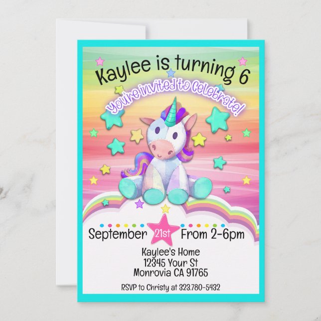 Stitched Unicorn birthday party invitation (Front)