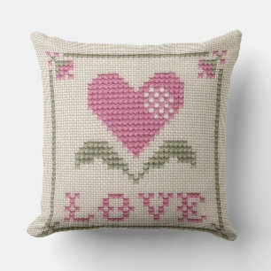 Stitched with Heart: Cross-Stitched Love Design Throw Pillow