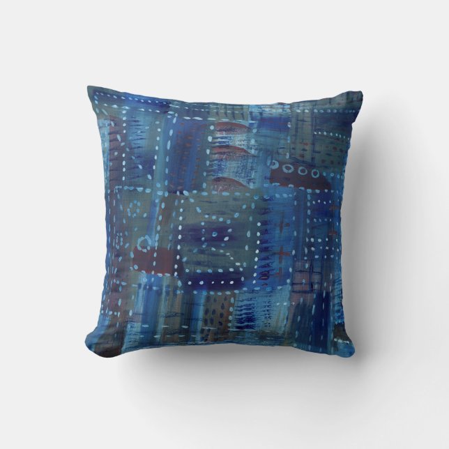 Stitching Patchwork Blue Indigo Sashiko Boro Art Throw Pillow (Front)