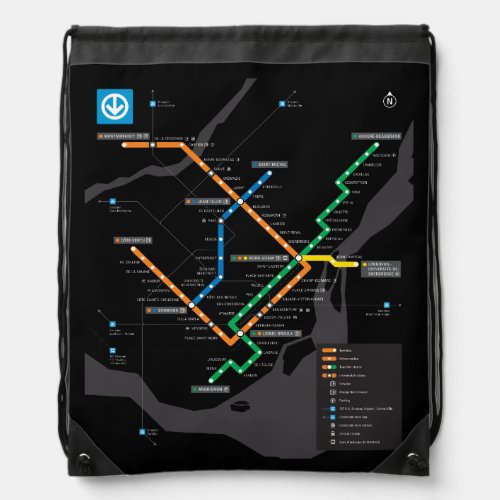STM Montreal Metro Subway Map Black Background HD Drawstring Bag