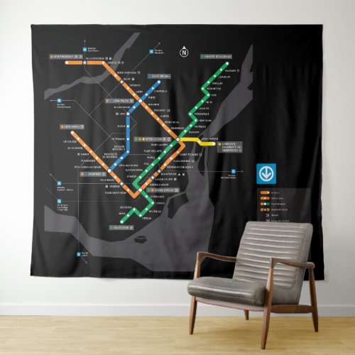 STM Montreal Metro Subway Map Black Background HD Tapestry