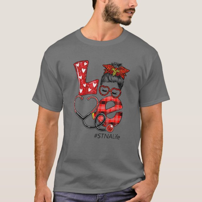 STNA Nurse Plaid Leopard Love Heart Messy Bun RN N T-Shirt (Front)