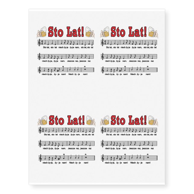 Sto Lat! Song With Beer Mugs Temporary Tattoos (Front)
