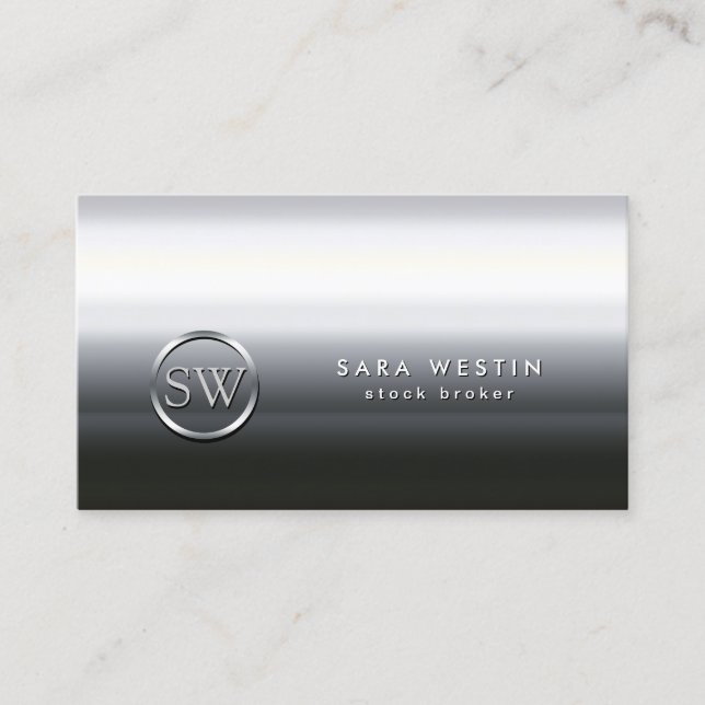 Stock Broker Financial Investment Chrome Monogram Business Card (Front)