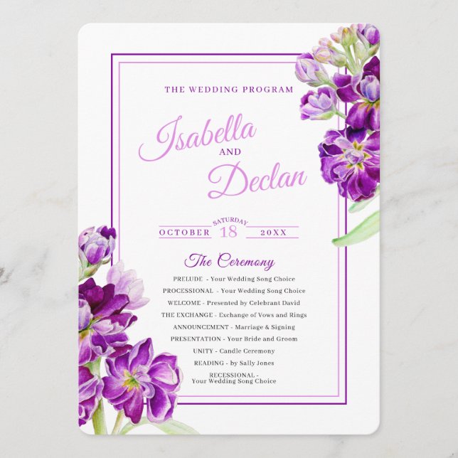 Stock flowers purple watercolor art wedding  program (Front)