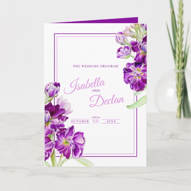 Stock flowers purple watercolor art wedding program (Front)