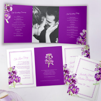 Stock Flowers Purple Watercolor Art Wedding Tri-fold Program by mylittleedenweddings at Zazzle