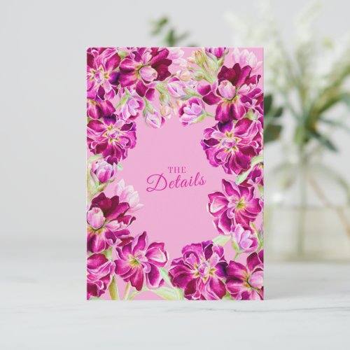 Stock pink floral wedding details with QR code Enclosure Card