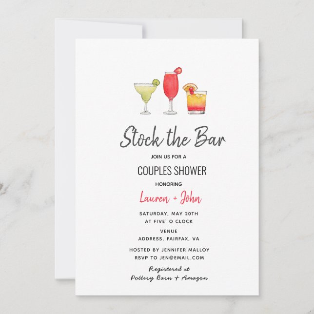 Stock the Bar cocktail Couples shower invitation (Front)