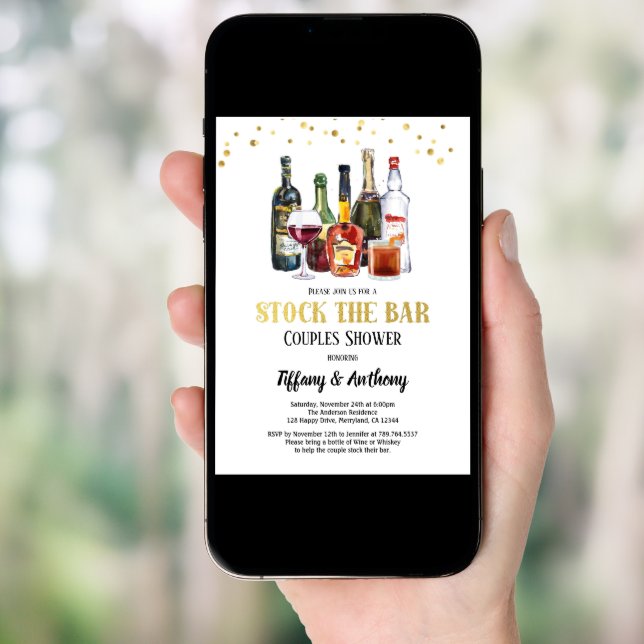 Stock The Bar Couples Shower White & Gold Invitation (Front Digital)