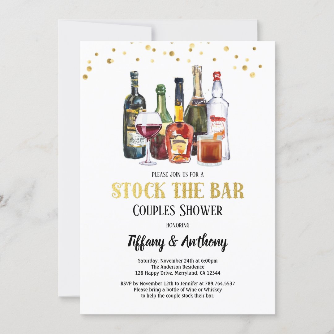 Stock The Bar Couples Shower White & Gold Invitation | Zazzle
