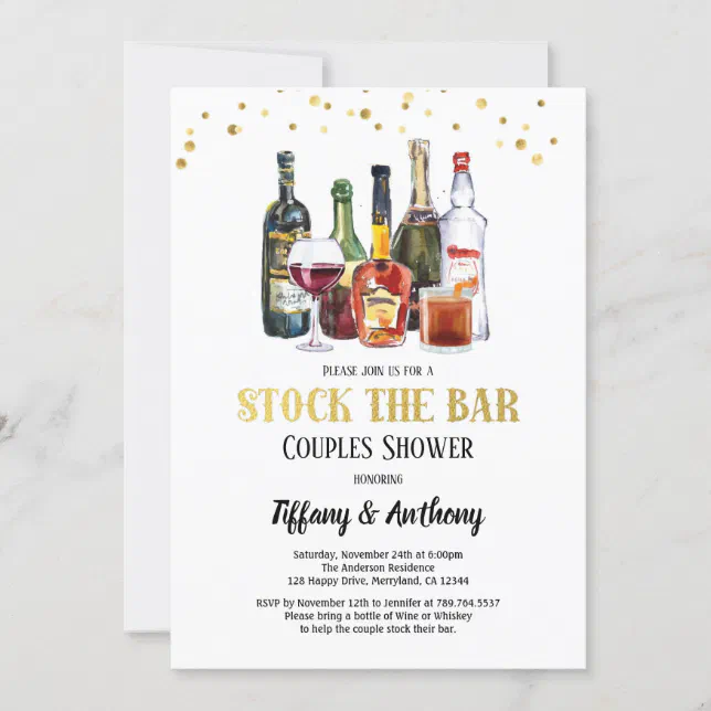 Stock The Bar Couples Shower White & Gold Invitation | Zazzle