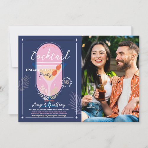 Stock The Bar Engagement Cocktail Party Navy Photo Invitation