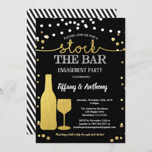 Stock the bar engagement party black and gold invitation