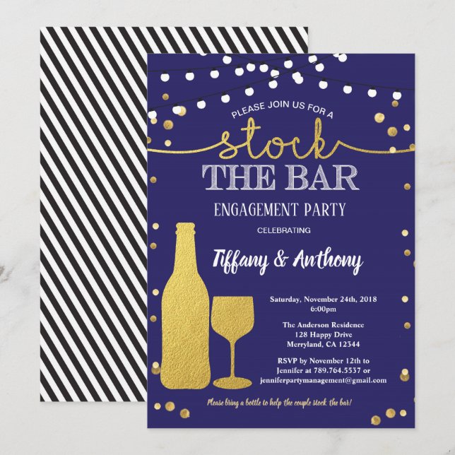 Stock the bar engagement party blue and gold invitation (Front/Back)