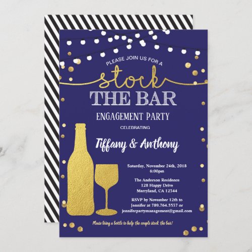 Stock the bar engagement party blue and gold invitation