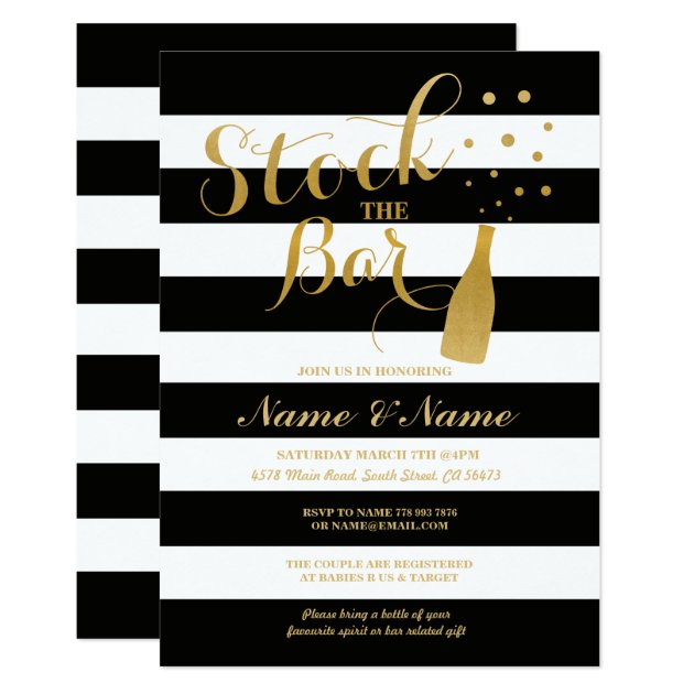 Stock The Bar Engagement Party Stripe Gold Invite