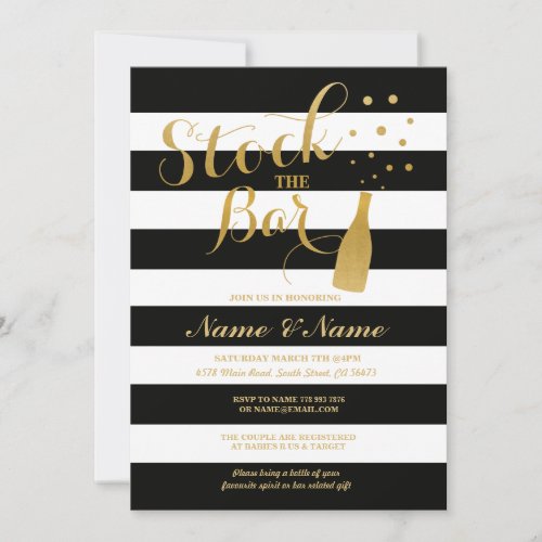 Stock The Bar Engagement Party Stripe Gold Invite