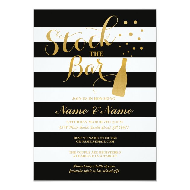 Stock The Bar Engagement Party Stripe Gold Invite