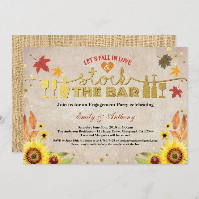 Stock the bar engagement party sunflower invitation (Front/Back)