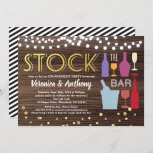 Stock the bar invitation engagement wood & gold