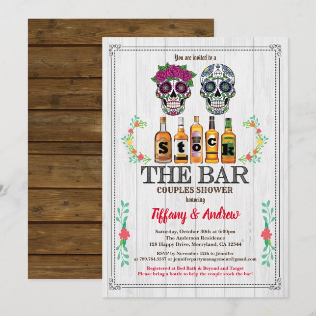 Stock The Bar invitation Halloween sugar skulls (Front/Back)