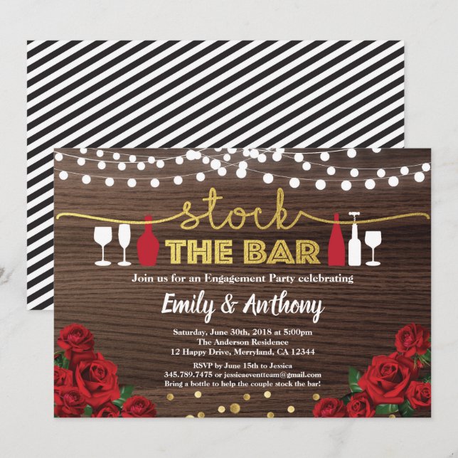 Stock the bar invitation Red rose rustic wood (Front/Back)