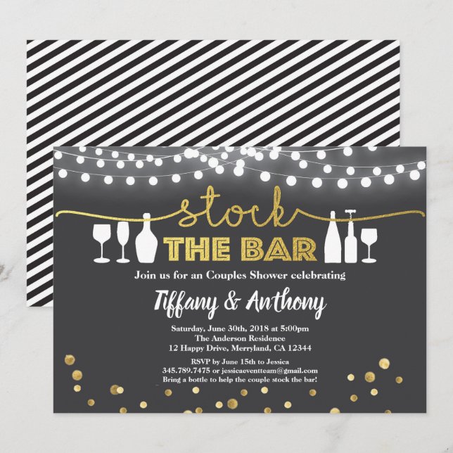 Stock the bar invitation rustic black gold white (Front/Back)