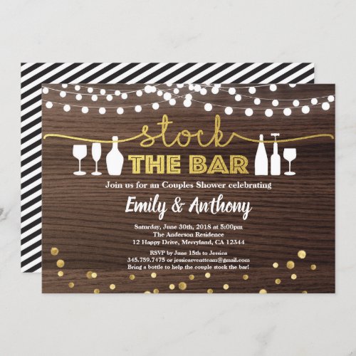 Stock the bar invitation rustic wood  faux gold