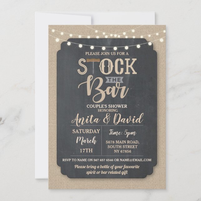 Stock The Bar Party Couple's Shower Burlap Chalk Invitation (Front)
