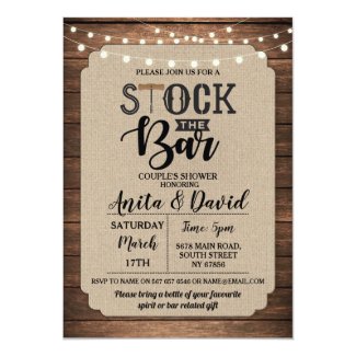 Stock The Bar Party Couple's Shower Burlap Wood Invitation