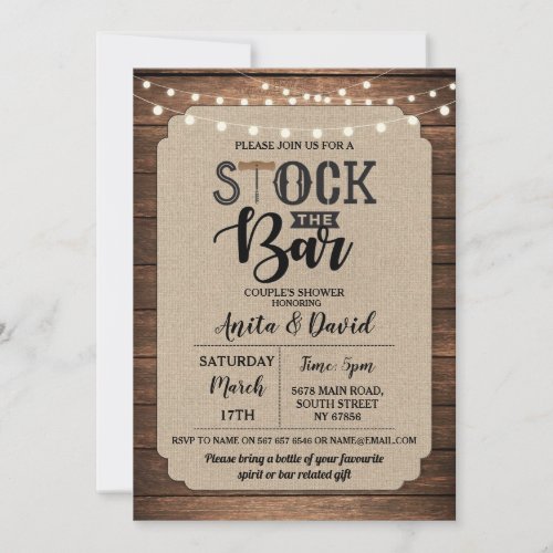 Stock The Bar Party Couples Shower Burlap Wood Invitation