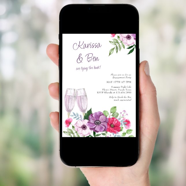 Stock the Bar Purple Pink Flowers Engagement Party Invitation (Front Digital)