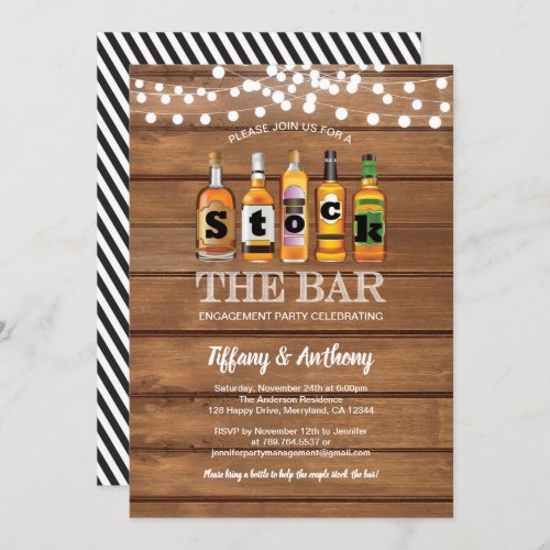 Stock the bar rustic engagement party wood invitation