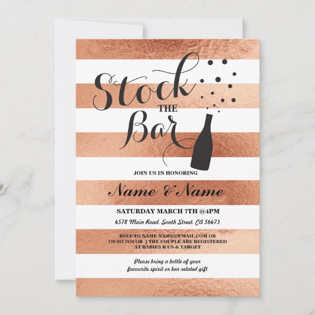 Stock The Bar Stripe Bronze Couple's Party Invite (Front)