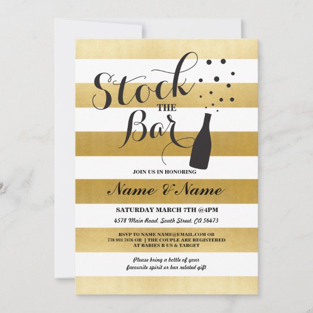 Stock The Bar Stripe Gold Engagement Party Invite (Front)