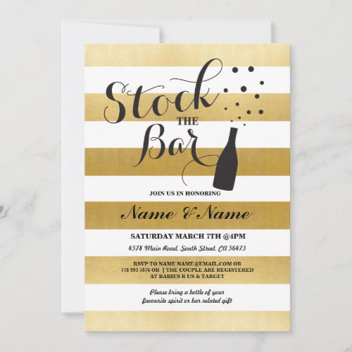 Stock The Bar Stripe Gold Engagement Party Invite