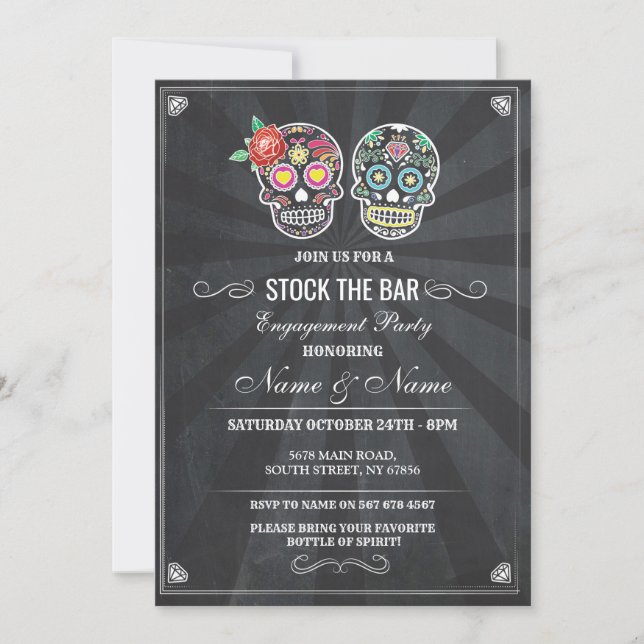 Stock The Bar Sugar Skulls Halloween Chalk Invite (Front)