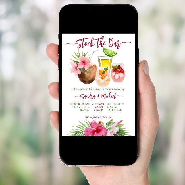 Stock the bar tropical summer couples shower invitation (Front Digital)